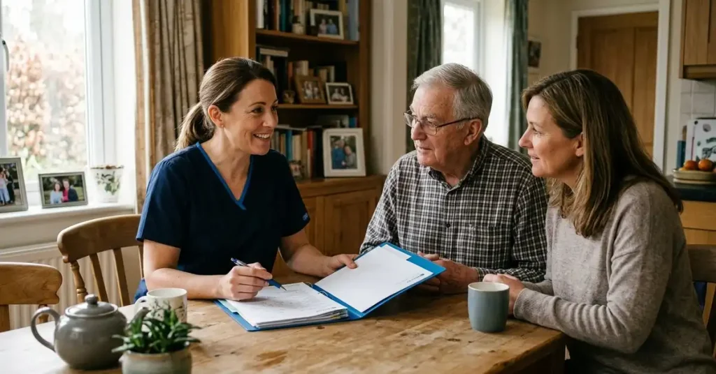 Why Is Home Health Care Important? Benefits & Services 2 Home health nurse discussing a care plan with a family caregiver