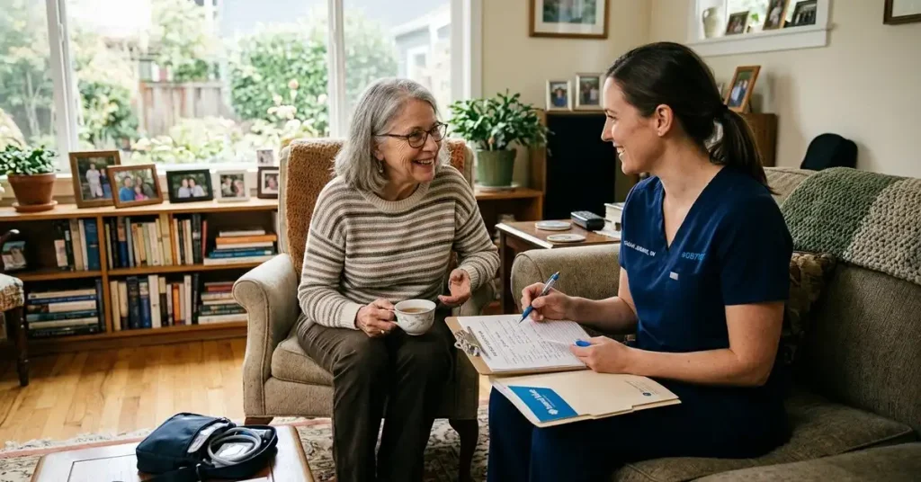Why Is Home Health Care Important? Benefits & Services 1 Physical therapist helping an older adult with home-based rehabilitation