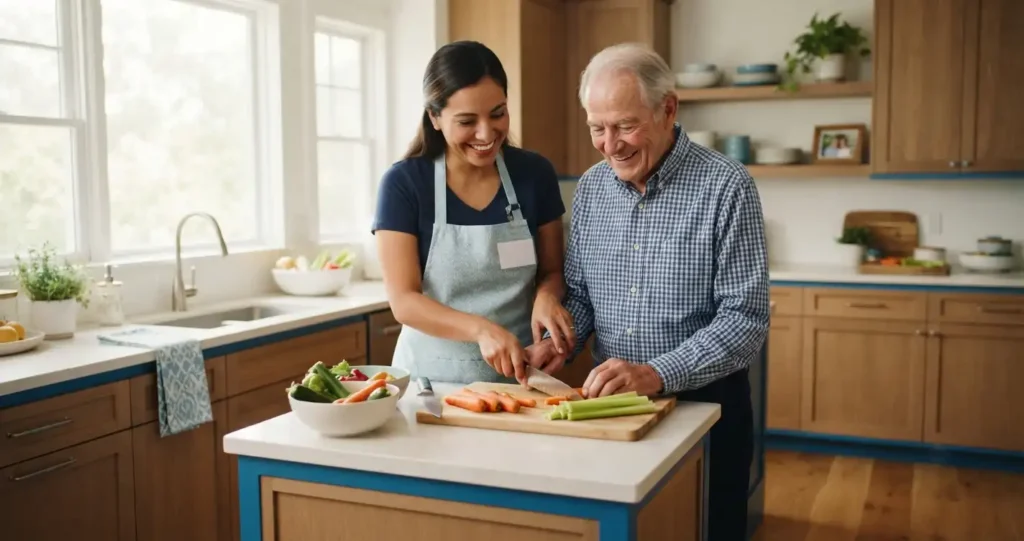 Caregiver helping senior with daily meal preparation, South Texas home care support