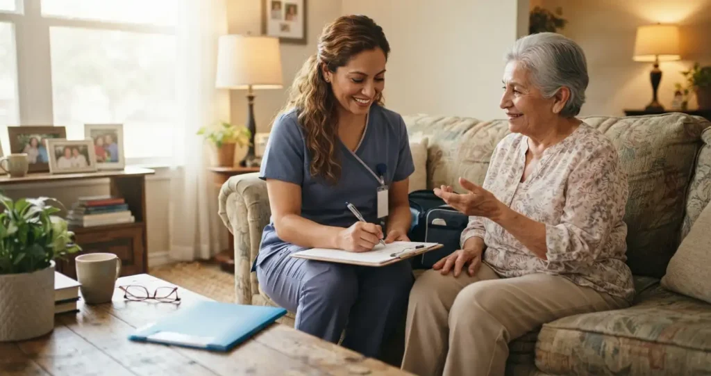 Medicare-certified home health nurse reviewing care plan with senior patient in Texas