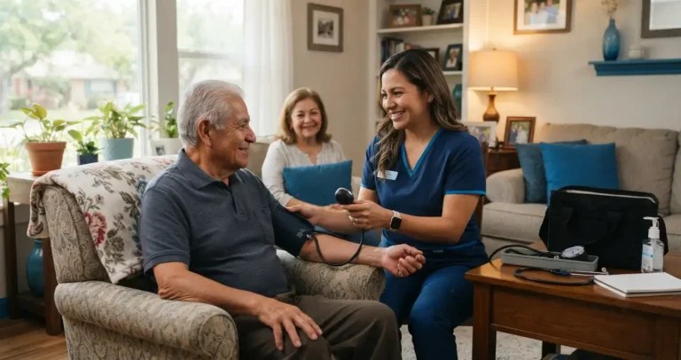 Nurse checking blood pressure of senior patient during Medicare home health care visit in Texas