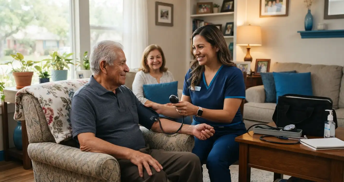 Nurse checking blood pressure of senior patient during Medicare home health care visit in Texas