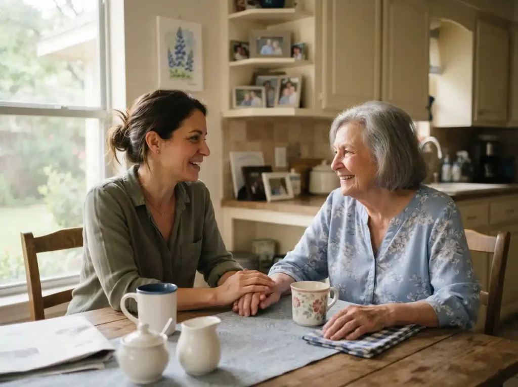 Adult daughter discussing home health care options with elderly mother in Texas
