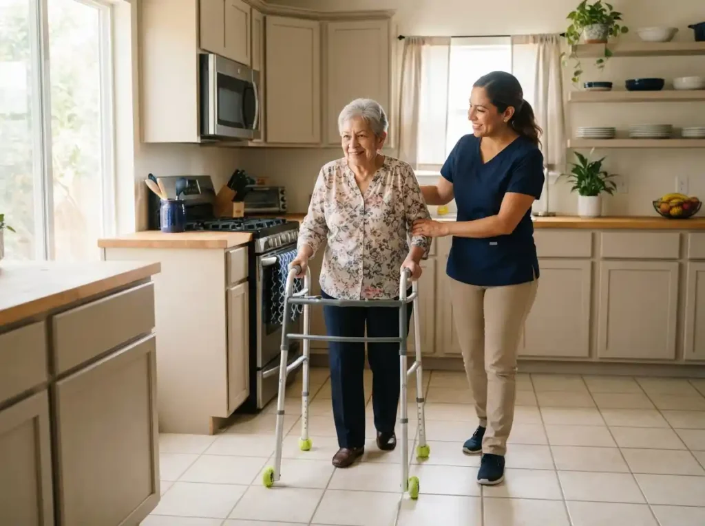 Home health aide assisting elderly woman with walker in South Texas home

