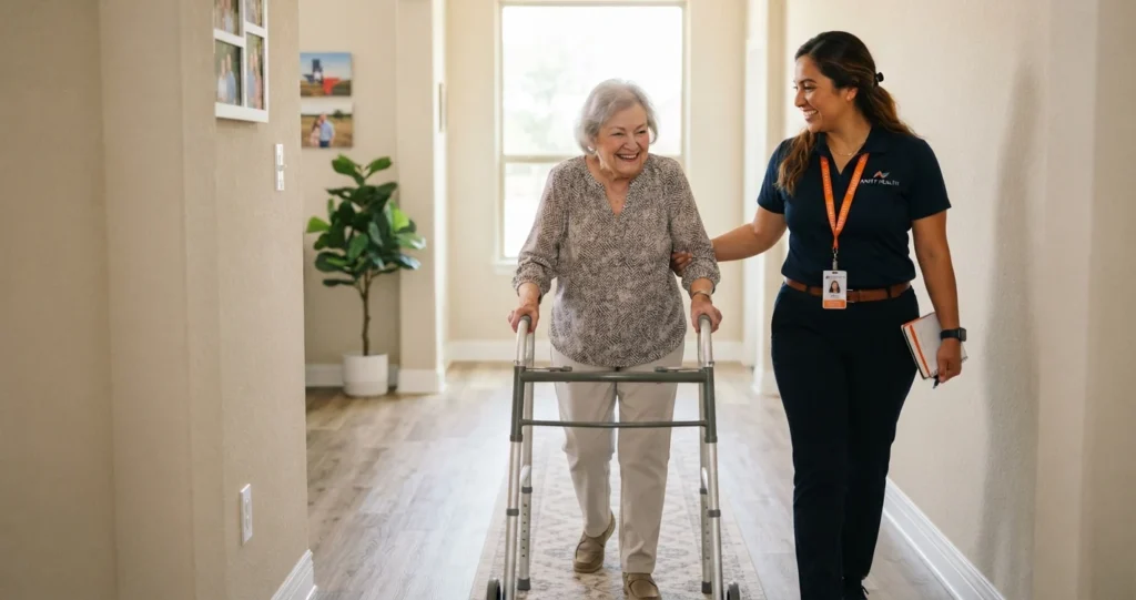 Physical therapist helping senior patient walk during in-home therapy session
