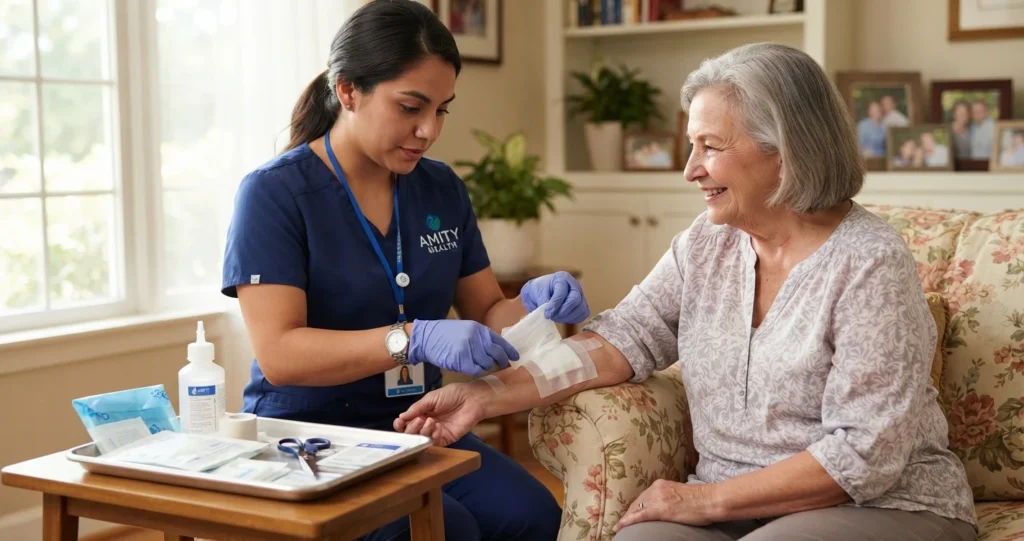 Licensed nurse providing wound care during a home health visit in Texas