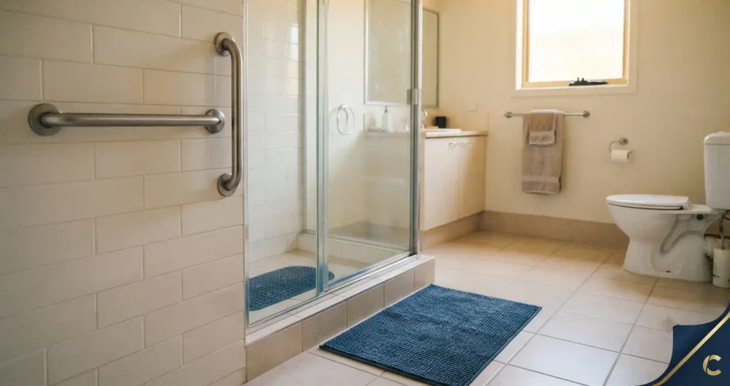 Home Safety Assessment for Seniors: Laredo Guide 1 Bathroom grab bar and non-slip mat installed for senior fall prevention