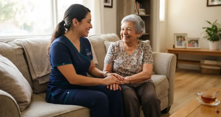 Licensed home health caregiver providing care to a senior under Home Health Care Regulations