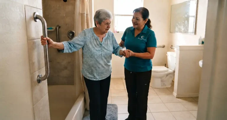 Caregiver helping senior woman safely use bathroom grab bar during home safety assessment in Laredo, TX