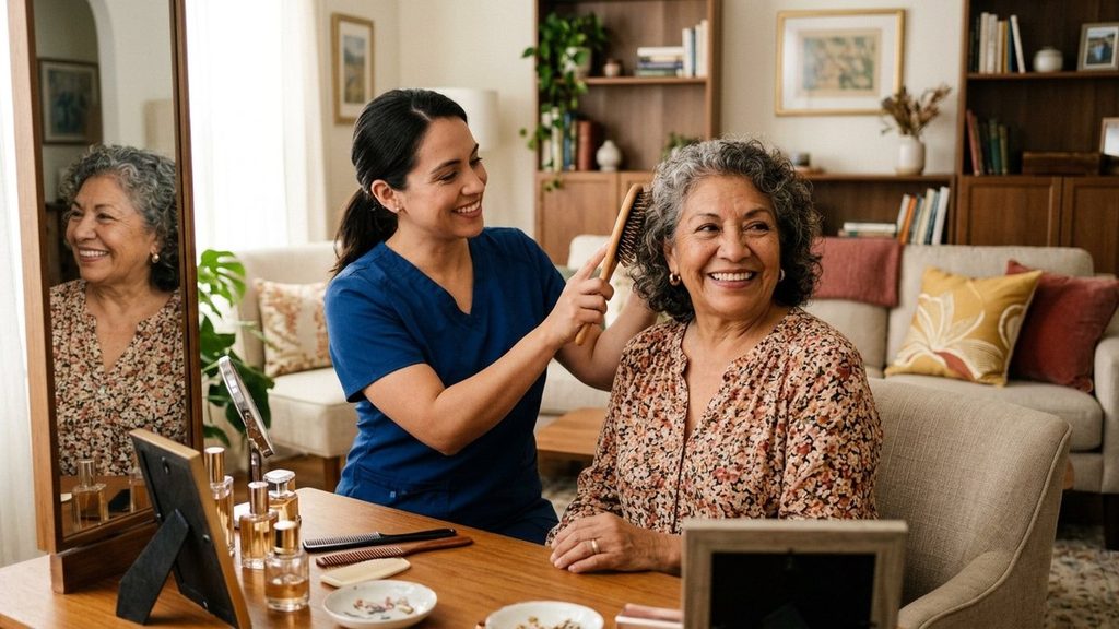 In-home caregiver providing personal care to a senior in Laredo