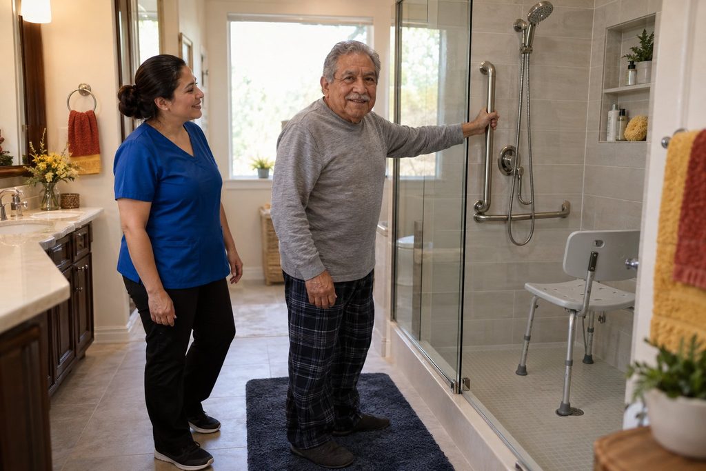 Senior using grab bars and bathroom safety equipment in Laredo