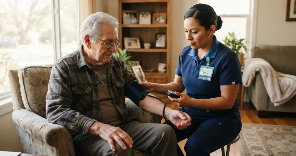 Trained and background-checked home health aide checking blood pressure during a Texas home visit

