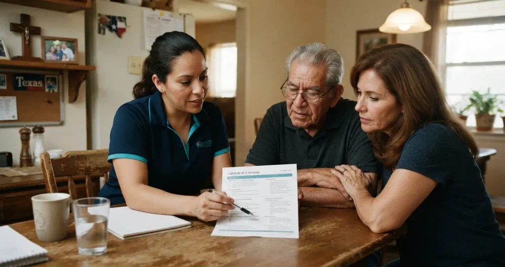 Family reviewing a home health care plan with a licensed Texas agency coordinator
