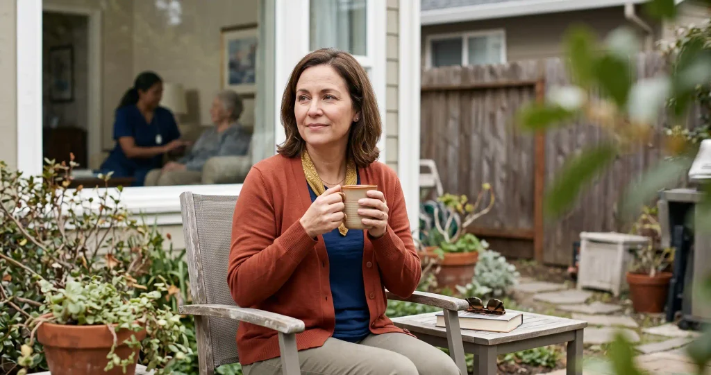 Family caregiver taking a break while their loved one receives respite care
