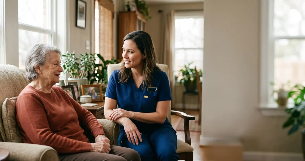 Home care professional assisting an older adult with daily activities at home.
